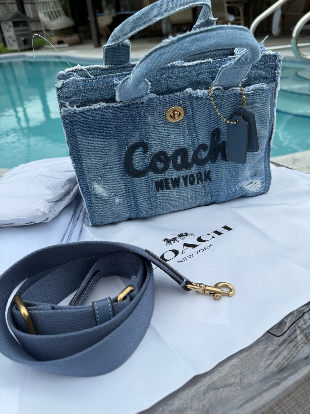 NWT Coach Distressed Repurposed Denim Mini Tote in Light Blue with Gold Hardware
